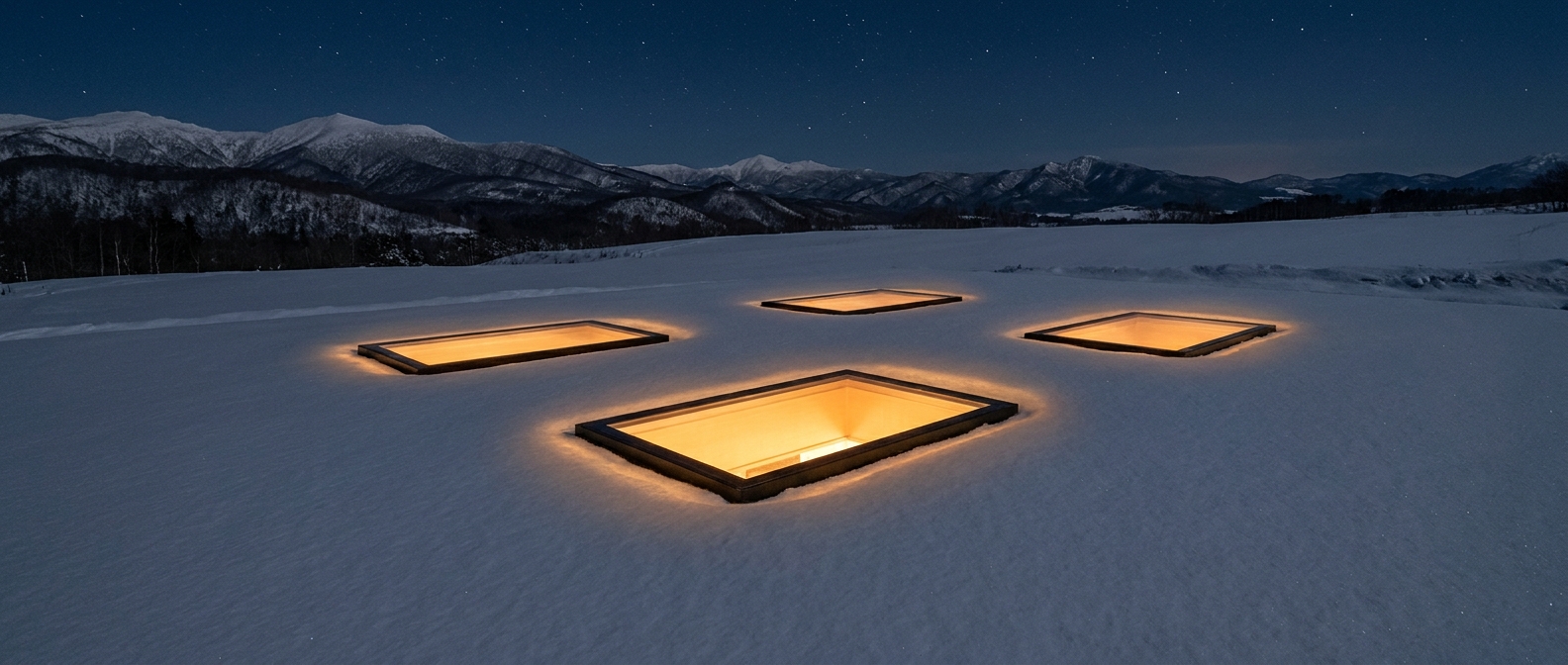 雪原に4つのスカイライトが輝く夜景 — 地下ピット型道場のコンセプトビジュアル
