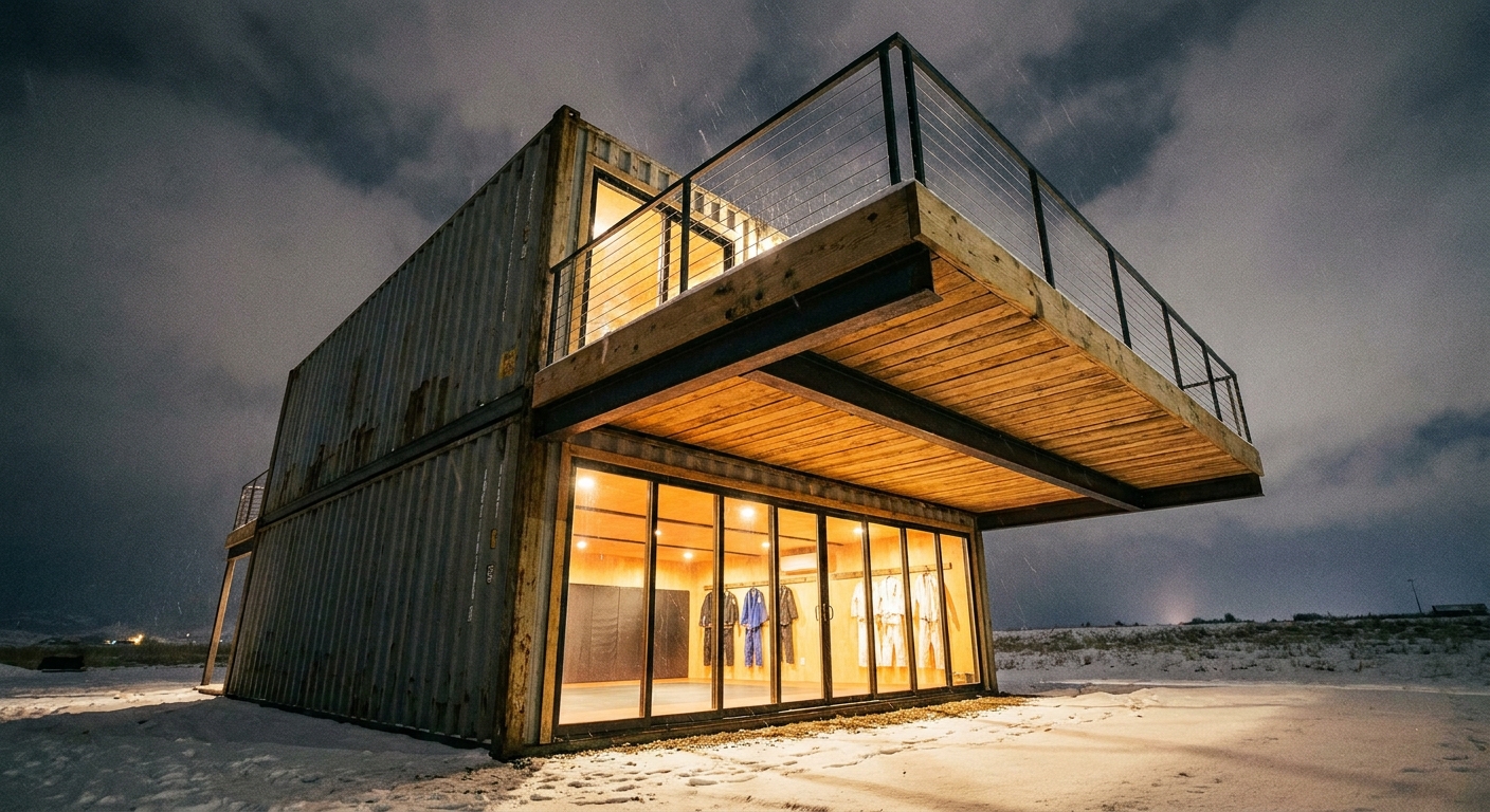 スプリット・ドージョ — コンテナ+キャンチレバーデッキの2層道場、雪の夜にガラス壁から光が漏れる