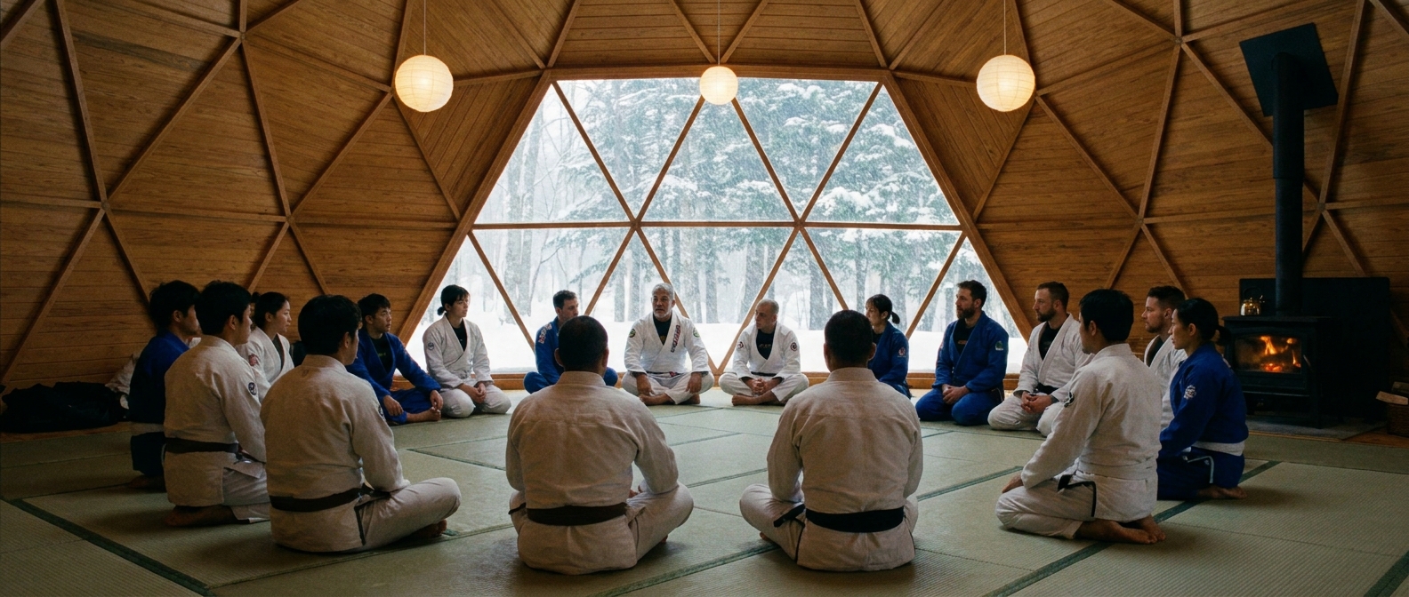 木造ドームの道場でBJJセミナー — 日本・ブラジル・アメリカのグラップラーが円座で学ぶ